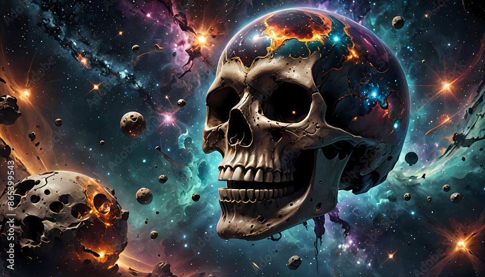 Skull floating in space, with galaxies, stars, and nebulae