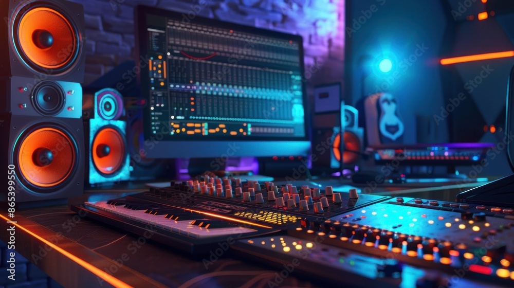 Professional home music studio setup for recording and mixing audio. Concept of music production, sound engineering, and creativity. Professional home music studio setup for recording and mixing audio. Concept of music production, sound engineering, and creativity.