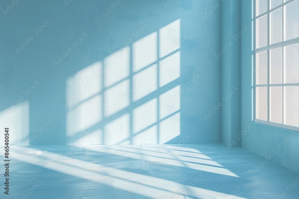 Light blue background with shadows from window on wall. Light blue background with shadows from window on wall.
