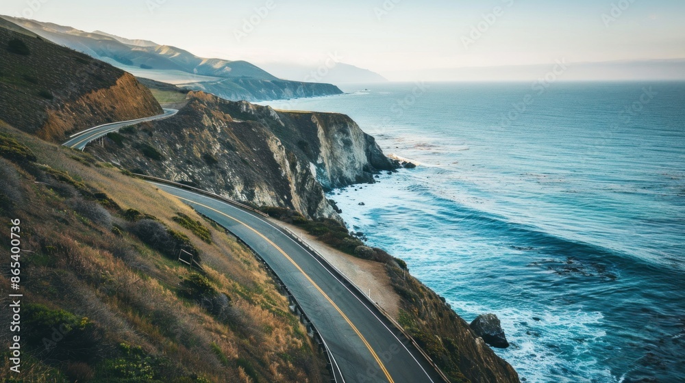 A winding coastal road hugging the edge of a dramatic cliffside A winding coastal road hugging the edge of a dramatic cliffside