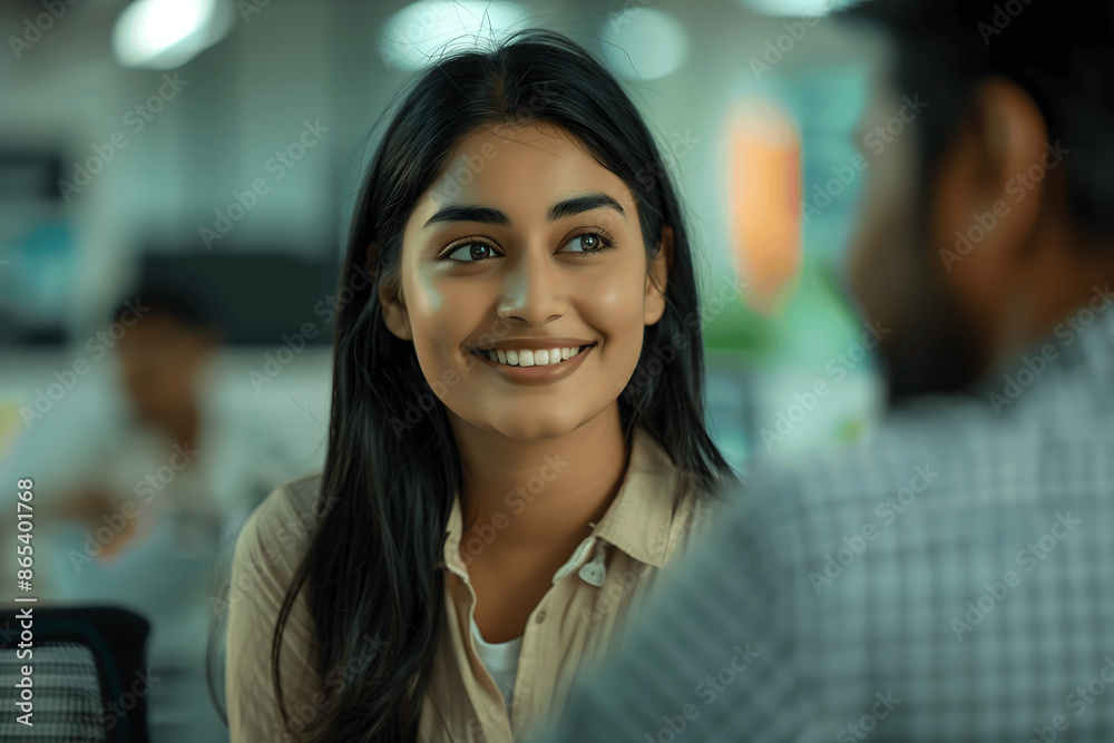 Smiling Professional Indian Woman Engaging in Conversation with Colleague in Office Smiling Professional Indian Woman Engaging in Conversation with Colleague in Office
