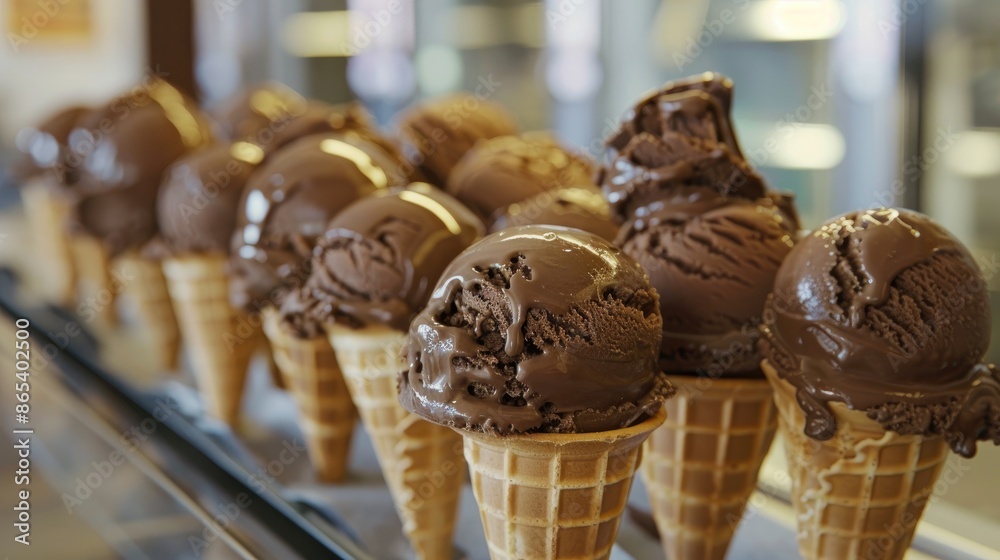 Fototapeta premium Close up view of chocolate ice cream scoops in wafer cones displayed on a stand