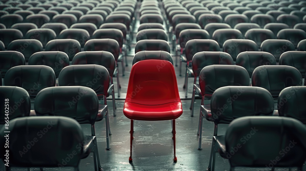 Fototapeta premium Stand Out in Leadership: Red Chair Among Gray Seats in Auditorium