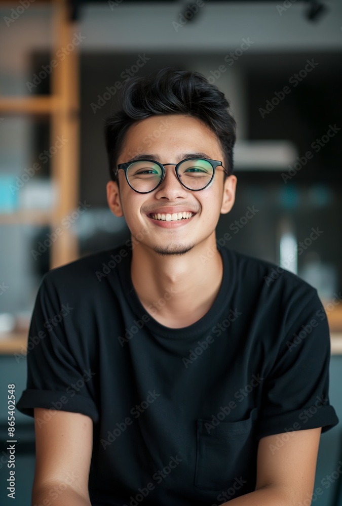 Portrait of an Indonesian young man smiling, wearing glasses and a black t-shirt, with a simple background. Portrait of an Indonesian young man smiling, wearing glasses and a black t-shirt, with a simple background.