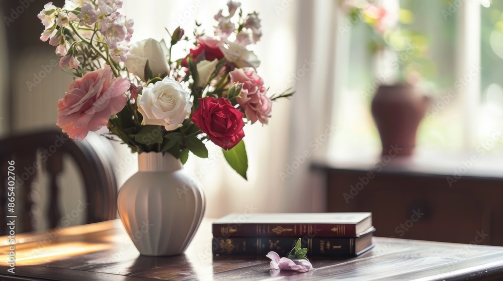 Floral arrangement and book on table with room for text interior decoration Floral arrangement and book on table with room for text interior decoration