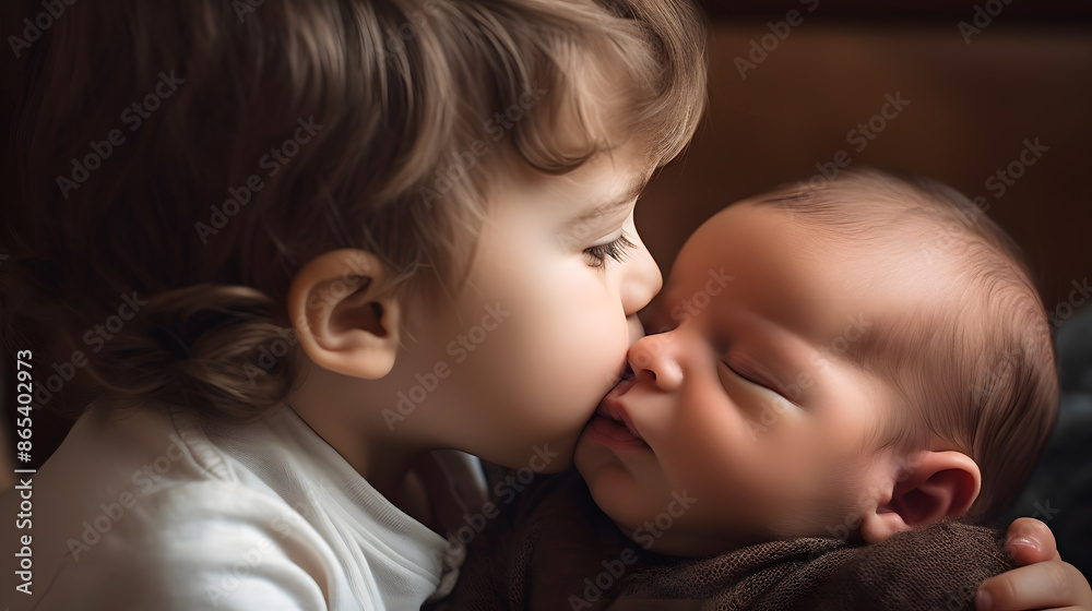 Adorable child kissing little sister lying on white bedding
Adorable child kissing little sister lying on white bedding