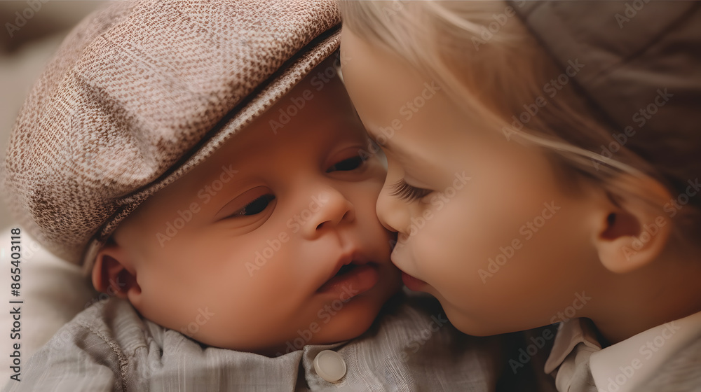 Adorable child kissing little sister lying on white bedding
Adorable child kissing little sister lying on white bedding