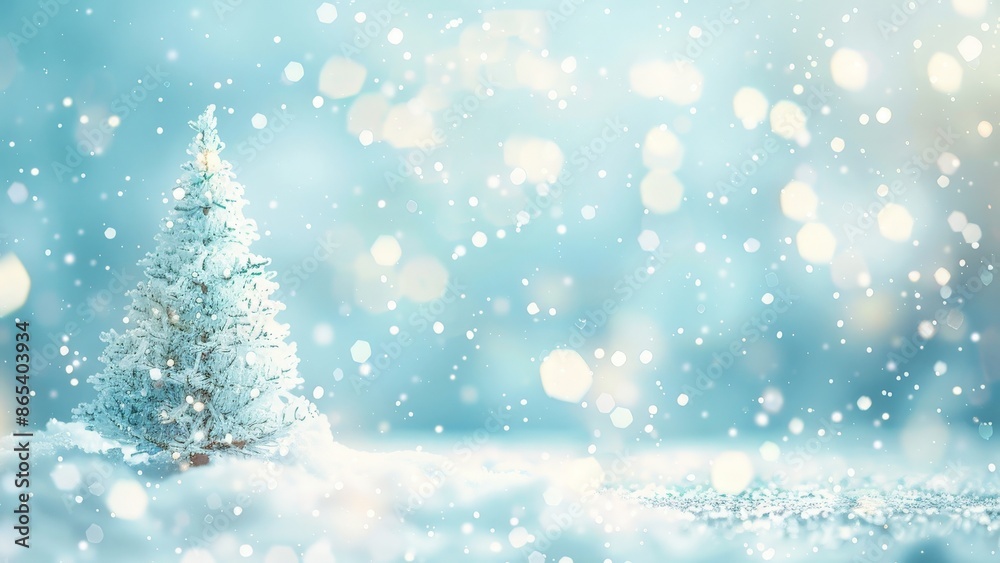 Winter Wonderland Snowy Christmas Tree with Soft Glowing Lights in Festive Holiday Setting Winter Wonderland Snowy Christmas Tree with Soft Glowing Lights in Festive Holiday Setting