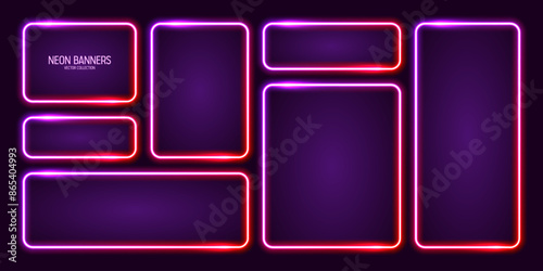 Glowing neon banners, illuminated colorful square frames. Shiny vibrant border, glow effect. Purple vintage retro lights, night illumination. Modern futuristic UI design elements. Vector illustration