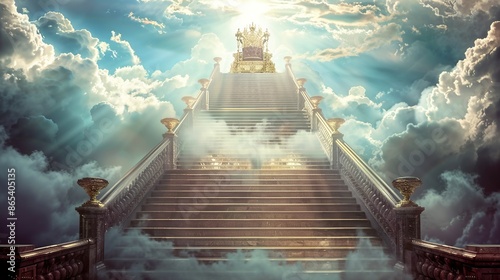 Golden staircase leading up to a golden throne in the clouds.