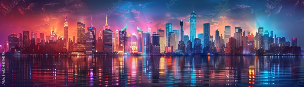 A vibrant, colorful city skyline reflecting on the water at dusk, showcasing stunning architecture and urban lights. A vibrant, colorful city skyline reflecting on the water at dusk, showcasing stunning architecture and urban lights.