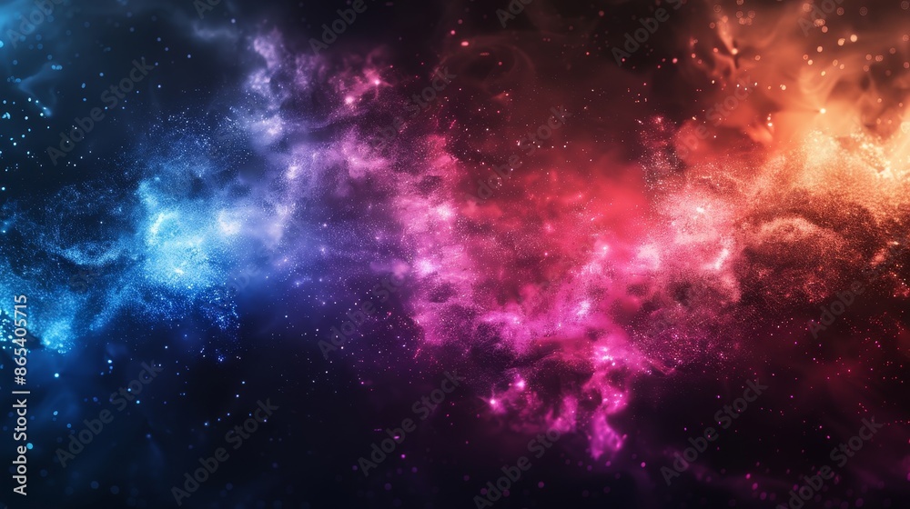 Colorful abstract geometric shapes on dark blue gradient background adorned with sparkling dots Colorful abstract geometric shapes on dark blue gradient background adorned with sparkling dots