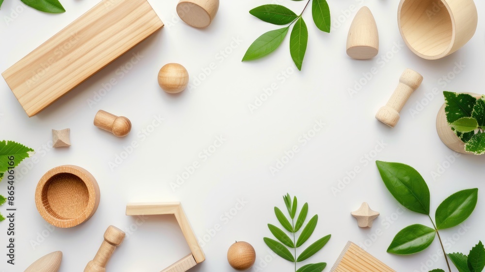 Environmentally conscious wooden toys concept for babies on white background with space for text Infant banner with panoramic view Environmentally conscious wooden toys concept for babies on white background with space for text Infant banner with panoramic view