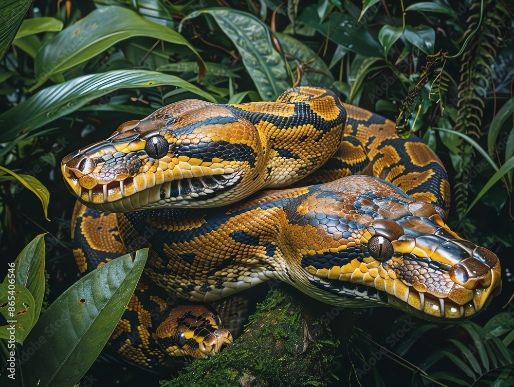 Obraz premium Two snakes with intricate patterns lie camouflaged amongst vibrant green foliage.