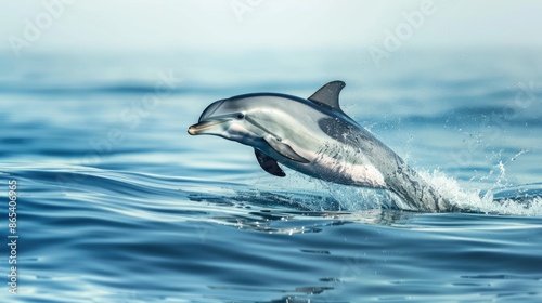 Majestic dolphin gracefully surfacing above azure waters, its sleek form gliding effortlessly in its natural habitat