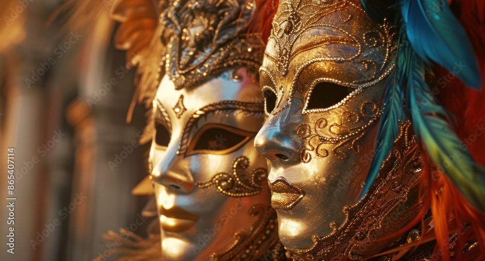 Intricate Venetian Carnival Masks: Silver and Copper with Feathers, Against Ornamental Wooden Panels in Cinematic Closeup - Capturing the Grandeur of Venice's Mesmerizing Carnival Intricate Venetian Carnival Masks: Silver and Copper with Feathers, Against Ornamental Wooden Panels in Cinematic Closeup - Capturing the Grandeur of Venice's Mesmerizing Carnival