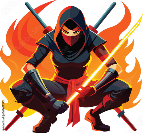 Powerful female ninja warrior holding glowing sword in fiery scene