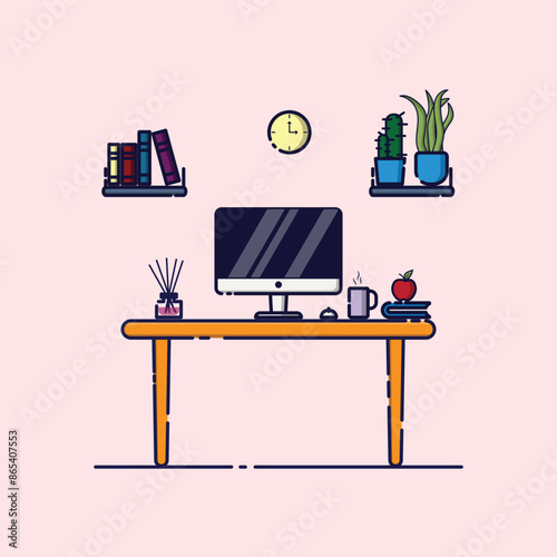Workspace without chair. Workspace Cartoon. Study Desk.