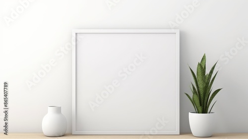 White Minimalist Room with Empty Frame and Plant