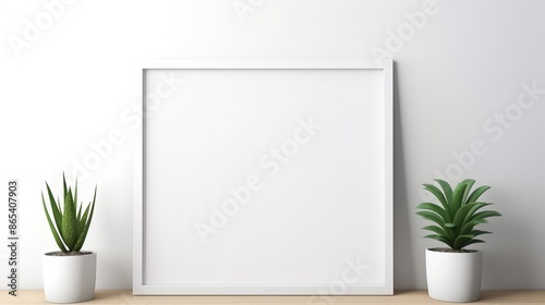Blank White Frame with Potted Plants on Shelf