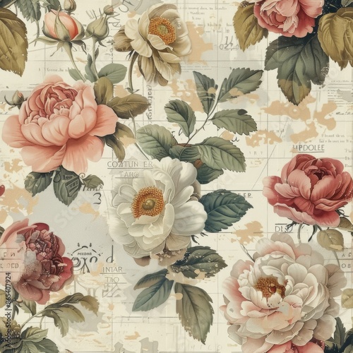 Wallpaper Mural watercolor Peonies and roses in faded blush and cream, cracked plaster background, vintage botanical illustration, romantic antique elegance seamless repeating pattern, minimal pattern  Torontodigital.ca
