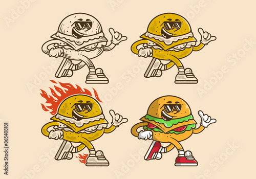 Vintage mascot character illustration of running burger