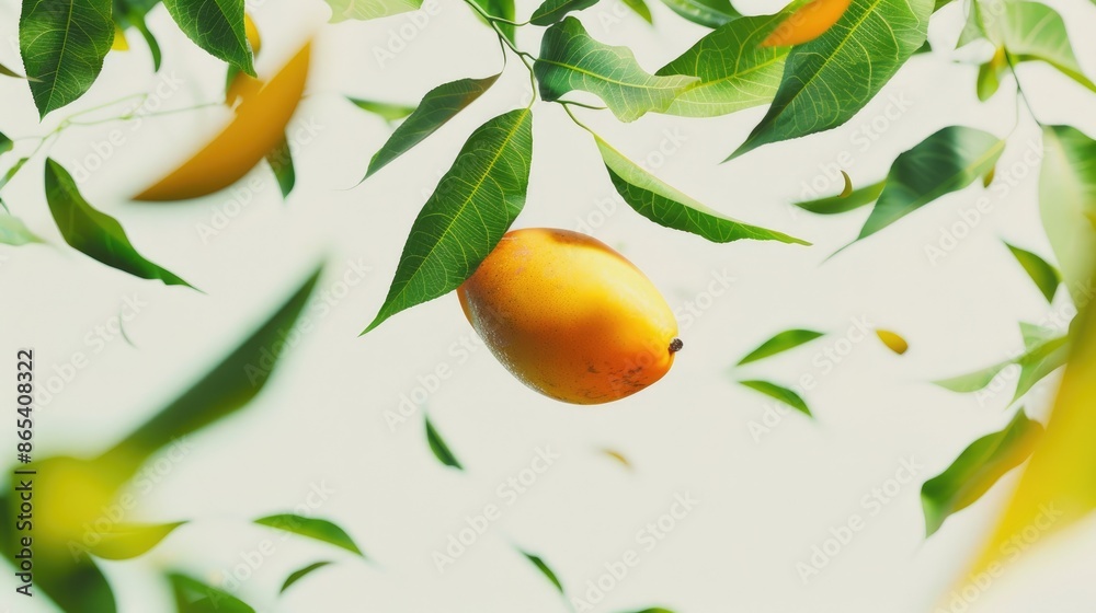 Mango delicately floating with verdant leaves on a white background, portraying the magic and allure of tropical indulgence Mango delicately floating with verdant leaves on a white background, portraying the magic and allure of tropical indulgence