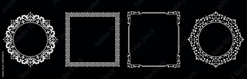 Fototapeta premium Set of decorative frames Elegant vector element for design in Eastern style, place for text. Floral black and white borders. Lace illustration for invitations and greeting cards.