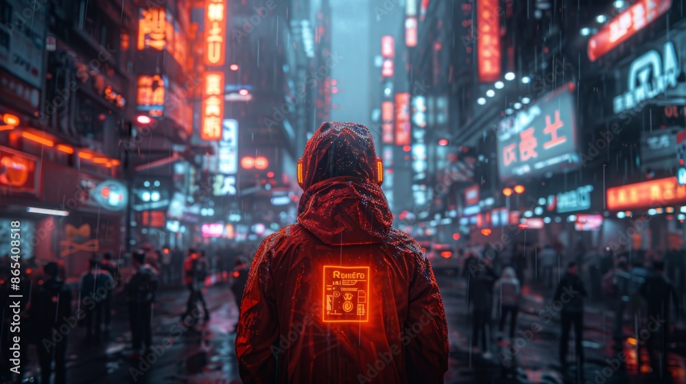 Fototapeta premium Cyberpunk Cityscape at Night with Person in Hooded Jacket - Generative AI