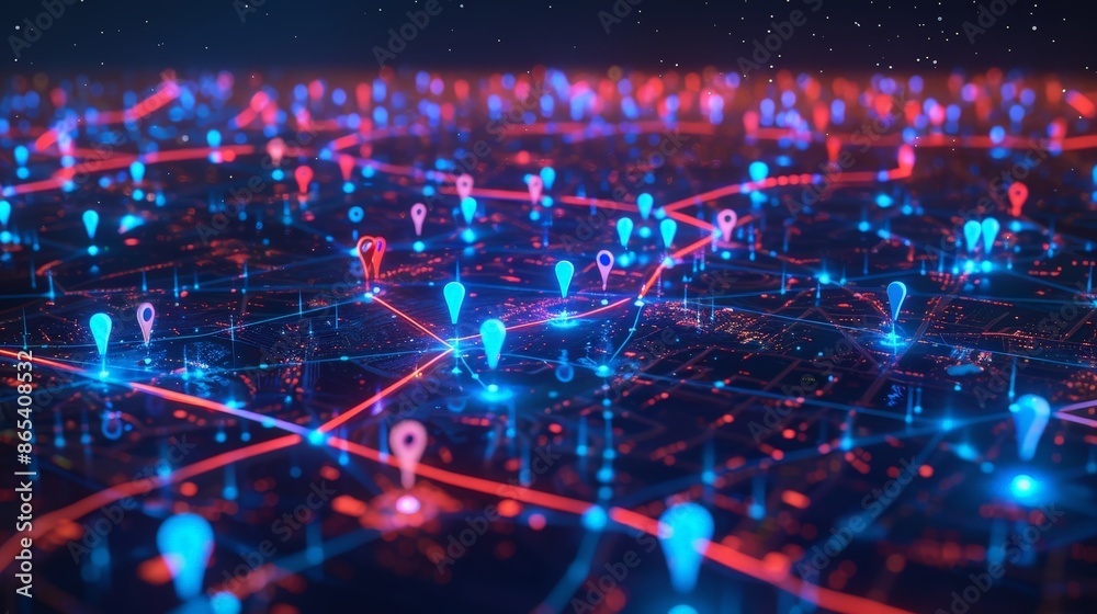 Obraz premium Futuristic City Map with Glowing Digital Pins