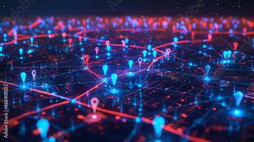 Futuristic City Map with Glowing Digital Pins