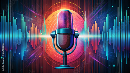 Colorful music podcast concept. Microphone with voice recording wave. Future technology