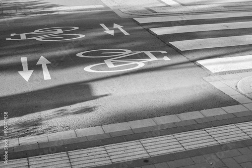 traffic signs on the roadway pedestrian and cycle path photo