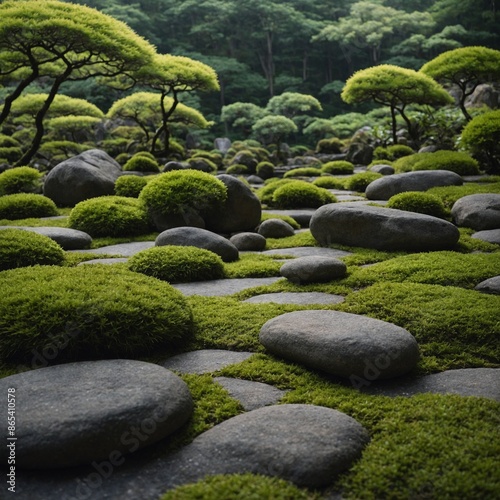 Japanese Zen Garden: Photograph the minimalist elegance of a Japanese Zen garden with carefully arranged rocks and lush green moss.