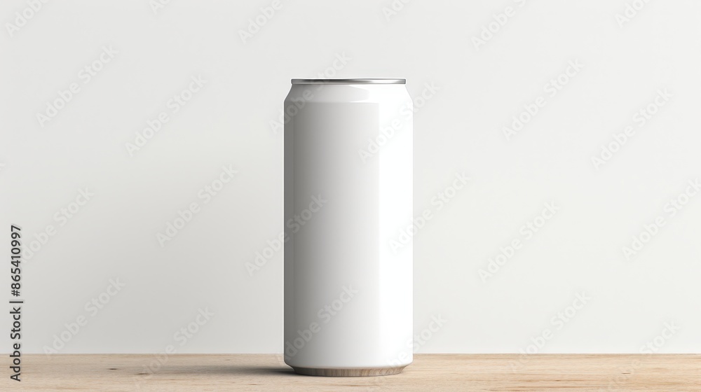 Blank White Aluminum Can Mockup on Wooden Table Blank White Aluminum Can Mockup on Wooden Table