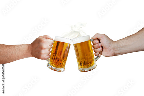 cheers with beer isolated on transparent background, beer in hand.  Png image