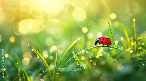 Morning dew on lush green grass, with a lone ladybug navigating the dewy leaves, representing the beauty of early nature