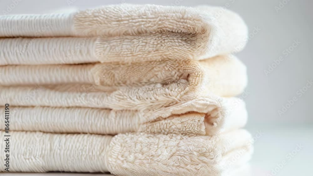 Soft, folded beige towels stacked neatly on white surface Soft, folded beige towels stacked neatly on white surface