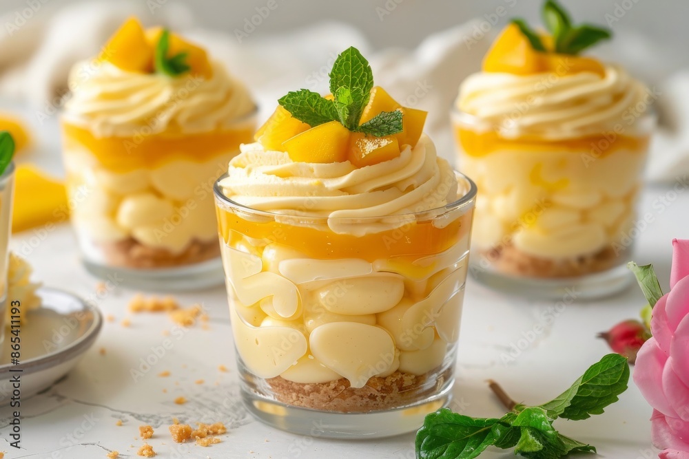 Sweet homemade Mango dessert, cheesecake, trifle, mouse in a glass cup