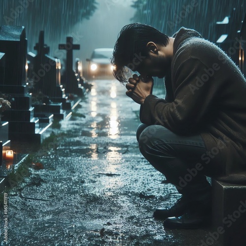 Man grieving at graveyard