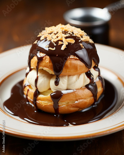 Gourmet dessert profiterole filled with vanilla ice cream and topped with rich chocolate sauce on a white plate.