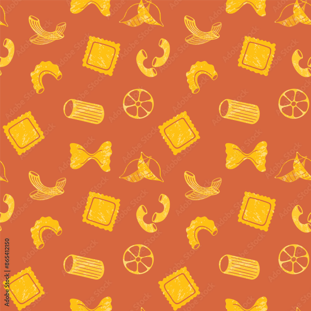 Pasta types seamless pattern on red background. Different shapes of ...