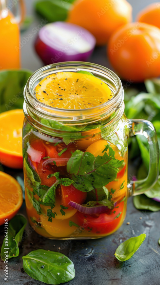 Citrus vinaigrette in a glass jar with fresh ingredients, gourmet salad ingredients, tangy and zesty Citrus vinaigrette in a glass jar with fresh ingredients, gourmet salad ingredients, tangy and zesty