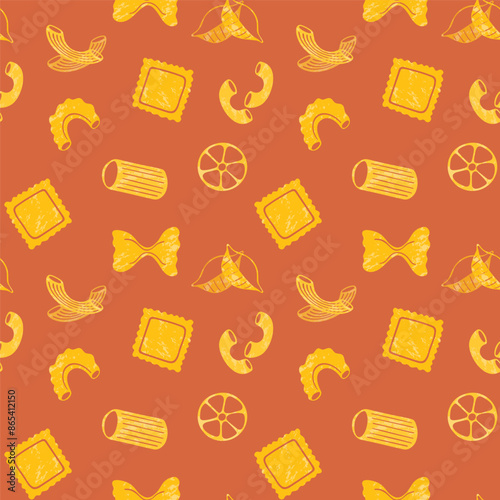 Pasta types seamless pattern on red background. Different shapes of Italian pasta. Spaghetti, Farfalle, penne, rigatoni, ravioli, fusilli, conchiglie, rotelle, paccheri flat illustration.