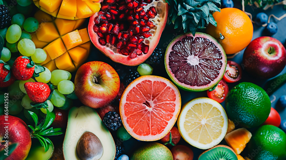 Top view of fresh-cut tropical fruits. Organic fresh produce and nutritious rainbow concept. Top view of fresh-cut tropical fruits. Organic fresh produce and nutritious rainbow concept.