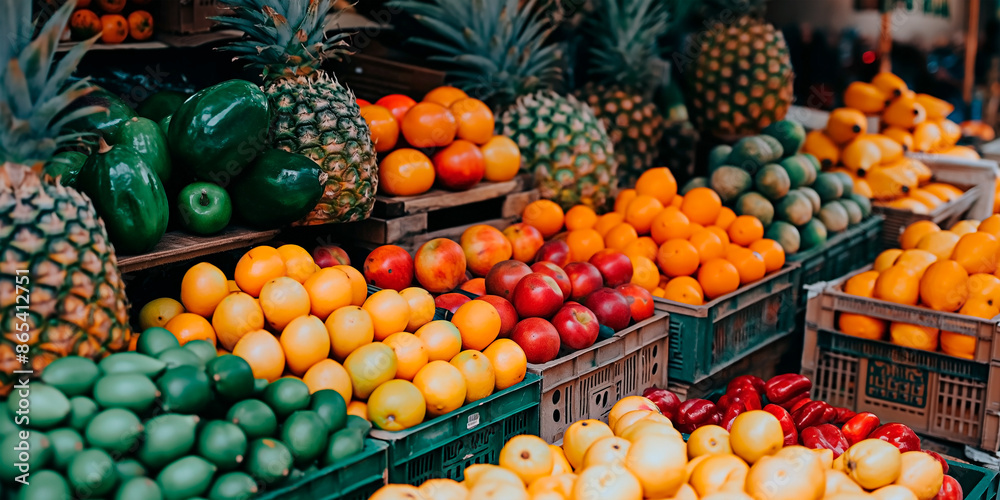 Local Brazilian market with fresh organic tropical fruits like pineapple and oranges for sell. Colorful fruit stall and nutritious choices concept. Local Brazilian market with fresh organic tropical fruits like pineapple and oranges for sell. Colorful fruit stall and nutritious choices concept.