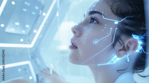 A young woman stands in a futuristic setting, with a digital interface projected onto her face. The blue lights and lines create a surreal and otherworldly atmosphere. photo