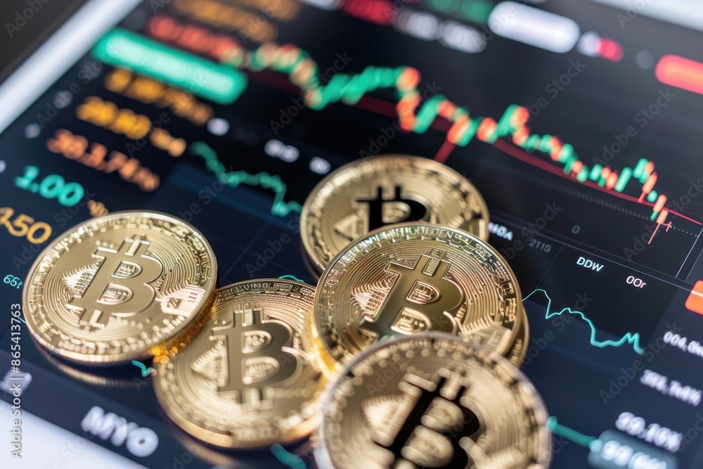 Golden bitcoins on a digital screen with stock market graphs showing trading trends and cryptocurrency transactions. Golden bitcoins on a digital screen with stock market graphs showing trading trends and cryptocurrency transactions.