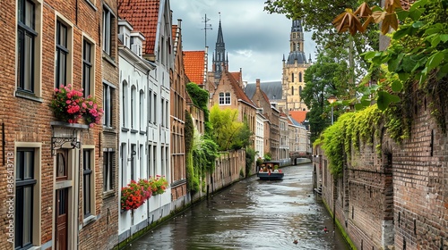 A beautiful canal in Bruges, Belgium. The canal is surrounded by colorful buildings and trees, and there is a boat floating down the canal. © Vector