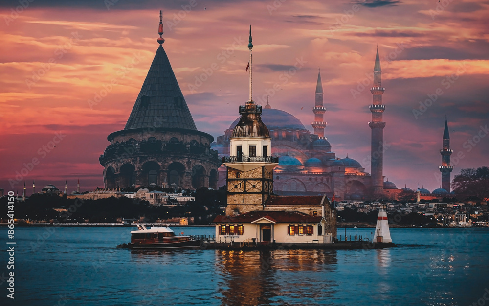 Naklejka premium Suleymaniye Mosque, Galata Tower, A breathtaking view of the Istanbul skyline at sunset.Majestic Istanbul skyline at sunset, with Maiden's Tower, best touristic location Turkey